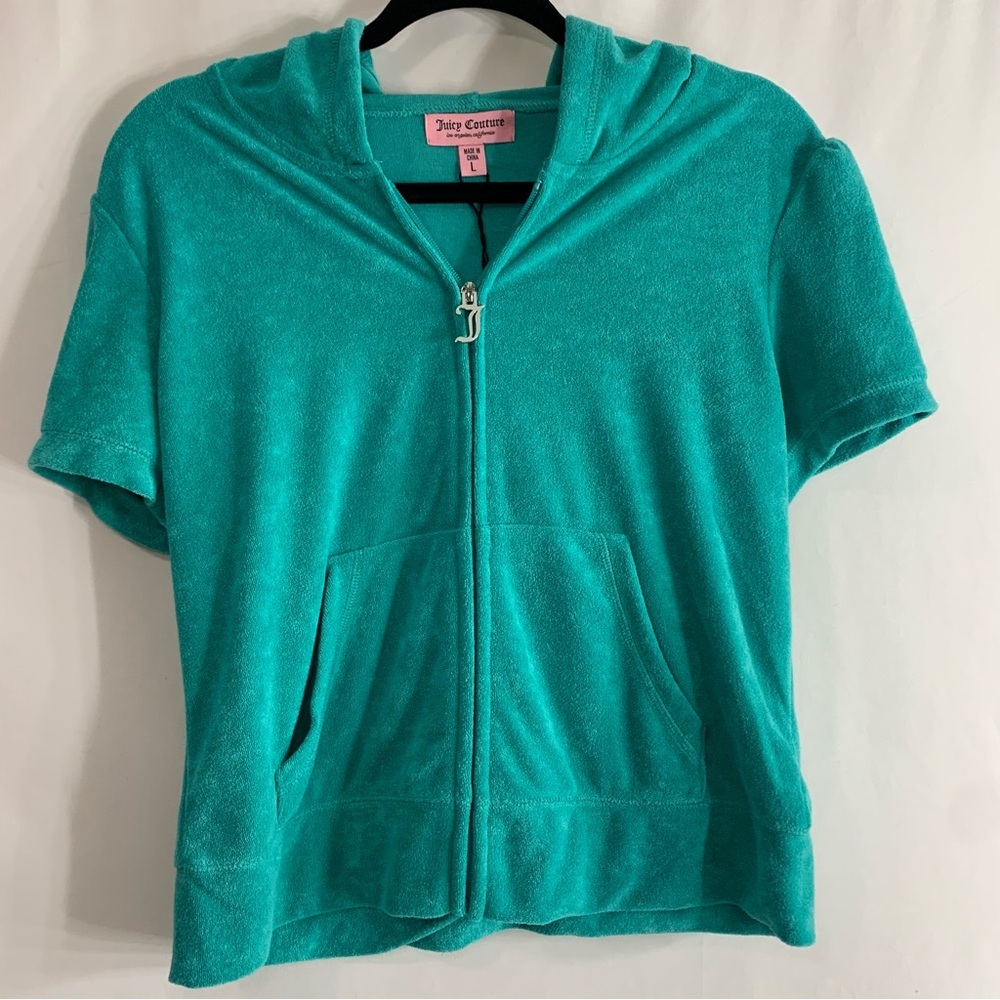 NWT Juicy Couture Terrycloth Coastal Teal Short Sleeve Hoodie & Shorts, size L - Picture 3 of 16